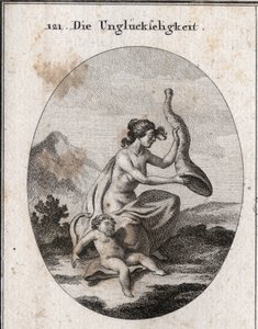 A alegoria do infortúnio representava uma mísera e extensa. Seus atributos são um chifre de abundância que ela sacode e está vazio, e uma criança que perece de fome. Gravura em "Iconologie oder Ideen aus dem Gebiete der Leidenschaften und Allegorien bi de Austrian School
