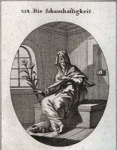Alegoria de modéstia. O seu símbolo é um ramo de lírios e uma tartaruga que significa que as mulheres modestas devem ser removidas de suas casas. O seu rosto está coberto por um véu. Gravura em "Iconologie oder Ideen aus dem Gebiete der Leidenschaften und  de Austrian School