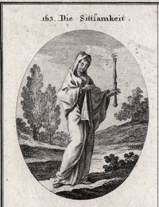 Alegoria de modéstia. Ela segura um cetro acima do qual está um olho que significa que a modéstia deve ser clarividente sobre si mesma. Gravura em "Iconologie oder Ideen aus dem Gebiete der Leidenschaften und Allegorien bildestellt fur Zeichner, Mahler, Di de Austrian School