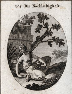 Alegoria de negligência. Ela segura um relógio com uma areia virada (ampulheta). A tartaruga é o emblema da lentidão. Gravura em "Iconologie oder Ideen aus dem Gebiet der Leidenschaften und Allegorien bildestellt fur Zeichner, Mahler, Dichter", de Austrian School