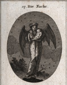 Alegoria da noite representada com asas de morcego (morcego). Ela segura duas crianças dormindo, uma branca e outra preta (sonho e pesadelo). Gravura em "Iconologie oder Ideen aus dem Gebiete der Leidenschaften und Allegorien bildestellt dargestellt fur Ze de Austrian School