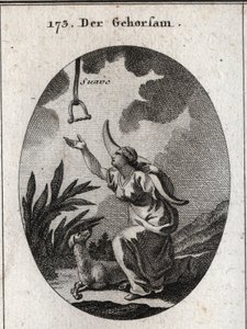 Alegoria de obediência. Ela segura um jugo nos ombros e avança para receber um freio que desce do céu aberto, no qual se lê a palavra "suave". O cão é o seu atributo. Gravura em "Iconologie oder Ideen aus dem Gebiete der Leidenschaf". de Austrian School
