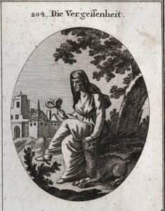 Alegoria do esquecimento. Ela tem uma planta de mandrágoras, um narcótico poderoso. O lince é o animal dedicado a Baco. Gravura em "Iconologie oder Ideen aus dem Gebiete der Leidenschaften und Allegorien bildestellt fur Zeichner, Mahler, Dichter, Gel de Austrian School