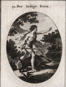 Alegoria de paixão ou impetuosidade representada por um adolescente com uma espada para marcar que ele segue a raiva. Seu atributo é um javali irritante, um animal que sempre luta sem levar em conta o perigo. Gravura em "Iconologie oder Ideen aus dem Geb de Austrian School