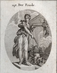 Alegoria da paz. Ela usa uma grinalda de oliveiras e segura um taco enquanto queima com uma tocha um tufo de armas. Atrás dela, a estátua de Plutus significa que a abadia e a riqueza são seus benefícios. Gravura em "Iconologie oder Ideen aus dem Gebiete de Austrian School