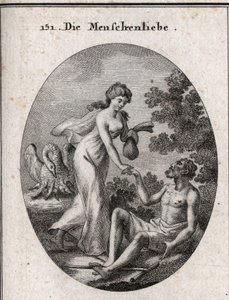 Alegoria da filantropia. Ela tem uma bolsa de estudos e vem resgatar um pobre homem a quem ela estende a mão. Seu atributo é um pelicano que lhe abre o peito para alimentar seus filhotes. Gravura em "Iconologie oder Ideen aus dem Gebiete der Leidenschaften de Austrian School