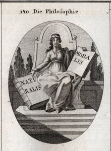 Alegoria da filosofia sentada sobre um trono de mármore acima de vários degraus. Ela tem um diadema dourado na testa e segura dois livros abertos "Naturalis" (Natureza) e "Moralis" (Moral) Gravura em "Iconologie oder Ideen aus dem Gebiete der Leidenschaft de Austrian School