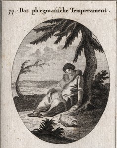 Alegoria da compleição fleumática. A tartaruga é o atributo da sua lentidão. Gravação em "Iconologie oder Ideen aus dem Gebiet der Leidenschaften und Allegorien bildestellt fur Zeichner, Mahler, Dichter, Gelehrte, Erzieher und befunden Hohere de Austrian School
