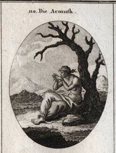 Alegoria da pobreza ao pé de uma árvore seca que cresce em terreno árido. Seus pés e mãos estão amarrados e ela tenta desfazer as amarras com os dentes; Gravura em "Iconologie oder Ideen aus dem Gebiete der Leidenschaften und Allegorien bildich dargeste de Austrian School