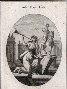 Alegoria de elogio segurando um livro para mostrar que ele passa a posteridade através da ajuda das escrituras. Soa uma trombeta da qual sai o brilho da renomeação. A estátua equestre está lá para o louvor dos heróis. Gravação em "Iconologie oder Ideen a de Austrian School