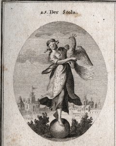 Alegoria de orgulho representada por uma jovem com uma venda colocada sobre um emblema de bola da sua pequena solidez. O pavão simboliza o espírito soberbo. A rica roupa cobre a sua pobre roupa para mostrar o ar livre. Gravura em "Iconologie oder Ideen a de Austrian School