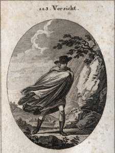 Alegoria da providência. Expressão: Quando o tempo estiver bom, leve o casaco, quando chover, leve-o, se quiser. Gravação em "Iconologie oder Ideen aus dem Gebiet der Leidenschaften und Allegorien bildestellt fur Zeichner, Mahler, Dichter, Ge de Austrian School