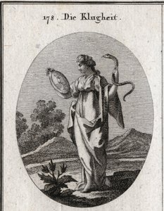 Alegoria de prudência, seus atributos comuns são o espelho e a serpente. Ela tem dois rostos, um jovem para a antecipação do futuro e um velho para a consideração do passado. Gravura em "Iconologie oder Ideen aus dem Gebiete der Lei de Austrian School