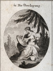 Alegoria da reflexão. Um raio de luz parte do seu coração, que bate o espelho nos seus joelhos e reflete a luz na sua testa. Gravura em "Iconologie oder Ideen aus dem Gebiete der Leidenschaften und Allegorien bildestellt dargestellt fur Zeichner, M de Austrian School