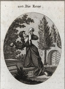 A alegoria do arrependimento representava um joelho sobre um túmulo. Ela segura com uma mão um lenço e com a outra uma pedra cujo peito ela ataca. Gravura em "Iconologie oder Ideen aus dem Gebiete der Leidenschaften und Allegorien bildestellt dargestellt f de Austrian School