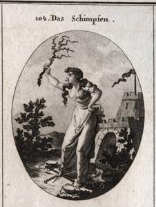 Alegoria de insulto repressivo com uma língua bifurcada. Ela segura uma haste de espinhos em uma mão e tem suas escalas de pés para mostrar que ela age contra a equitabilidade. Gravura em "Iconologie oder Ideen aus dem Gebiete der Leidenschaften und Allego de Austrian School