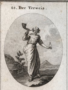 Alegoria de repreensão. Ela aprende a soar um cone de livro que enfatiza o som inestético de palavras repreensivas manipuladas com cautela, como mostra a linguagem humana segurada na outra mão. Gravação em "Iconologie oder Ideen aus dem Gebiete der Le de Austrian School