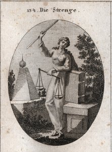 A alegoria do rigor representa sob um aspecto de ferocidade segurando com a mão direita uma vara de ferro alto e confiando da esquerda no livro das leis. Ela tem na mesma mão um equilíbrio, um dos quais prevalece sobre o outro. Gravura em "Iconologie oder  de Austrian School