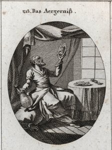 Alegoria de escândalo. Ele segura com uma mão uma garrafa e com a outra um retrato de uma jovem mulher e perto de uma mesa onde estão jogando cartas e jogos. Gravura em "Iconologie oder Ideen aus dem Gebiete der Leidenschaften und Allegorien bildich darges de Austrian School