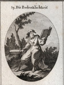 Alegoria de escrúpulos representados por um homem velho com uma corrente de ouro, ao qual é anexado um emblema do coração de candura e bons conselhos. Ele mantém um calendário que ele considera cuidadosamente e uma peneira que é o atributo da distinção ent de Austrian School