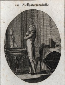Alegoria de autoconhecimento. Um jovem enfrenta um espelho. Gravação em "Iconologie oder Ideen aus dem Gebiet der Leidenschaften und Allegorien bildestellt fur Zeichner, Mahler, Dichter, Gelehrte, Erzieher und freunde Hoherer Geschmacksbildung" (Ic de Austrian School