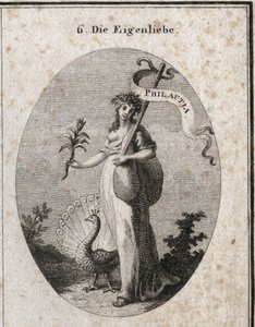 Alegoria de amor-próprio representada como uma jovem mulher fechando um saco simbolizando seus defeitos com uma baguete na qual está inscrita a tradução grega "Philautia". Atributos: o pavão que faz a roda e o narciso florescer. Gravura em "Iconologi de Austrian School