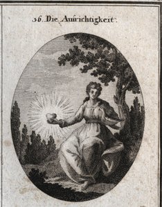 Alegoria de uma pomba sincera segurando uma pomba contra o seu peito e apresentando um coração radiante. Gravação em "Iconologie oder Ideen aus dem Gebiet der Leidenschaften und Allegorien bildestellt fur Zeichner, Mahler, Dichter, Gelehrte, Erzieher und f de Austrian School