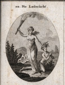 Alegoria de calúnia segurando uma tocha e arrastando impiedosamente um adolescente nu que se junta às mãos e olha para o céu. Gravação em "Iconologie oder Ideen aus dem Gebiete der Leidenschaften und Allegorien bildestellt fur Zeichner, Mahler, Dichter", de Austrian School