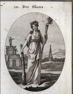 Alegoria de esplendor. O clube em que se apoia é o símbolo das virtudes. A corrente e a medalha de ouro são a recompensa. A tocha de luz é a luz de belos feitos. Gravura em "Iconologie oder Ideen aus dem Gebiete der Leidenschaften und Allegorien bi de Austrian School