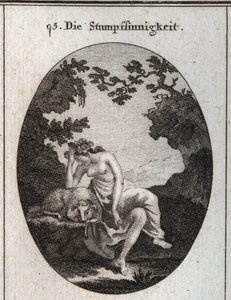 Alegoria de estupidez. Está apoiado numa ovelha, um animal naturalmente estúpido. Gravação em "Iconologie oder Ideen aus dem Gebiet der Leidenschaften und Allegorien bildestellt fur Zeichner, Mahler, Dichter, Gelehrte, Erzieher und freunde Hoherer Gesc de Austrian School