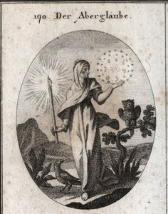 Alegoria de superstição. Ela segura uma luz de vela e um círculo de estrelas que envolve os sinais dos sete planetas que ela considera ansiosos. Os seus atributos são a coruja e o corvo. Gravura em "Iconologie oder Ideen aus dem Gebiete der Lei de Austrian School