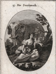 Alegoria da doçura ou mansuetude, coroa de oliveiras para o símbolo da paz. Seu atributo é o elefante, representando a bondade do coração, o cordeiro símbolo da mansuetude e a pomba, emblema da doçura. Gravura em "Iconologie oder Ideen de Austrian School