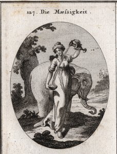 Alegoria de temperança. Seus atributos são água e misturas de vinho juntos, assim como o elefante, animal sempre comendo a mesma quantidade de comida sem excrementos. Gravura em "Iconologie oder Ideen aus dem Gebiete der Leidenschaften und Allegorien bildi de Austrian School