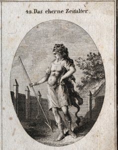 Alegoria da Idade do Cobre representa como uma sentinela perto de uma cerca, numa atitude de orgulho, a arma de um cadáver e um dardo e tampa de uma pele de leão. Gravura em "Iconologie oder Ideen aus dem Gebiete der Leidenschaften und Allegorien bildestel de Austrian School