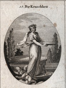 Alegoria da casta com o símbolo da coroa de canela entre os egípcios da casta, assim como a tela cheia de água que ela segura e que se refere à justificação de uma vestal que provou a sua casta. Ela refaz um amor sob o seu fo de Austrian School