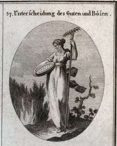 Alegoria da distinção entre bom e mau. A peneira separa o grão bom do joio e o ancinho é usado para remover as ervas daninhas. Gravura em "Iconologie oder Ideen aus dem Gebiete der Leidenschaften und Allegorien bildestellt dargestellt fur Zeichn de Austrian School