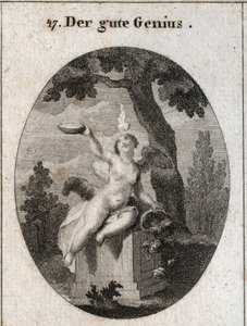 Alegoria do génio favorável sob a figura de uma asa de criança com uma pequena chama na cabeça, sentada sobre um altar à sombra de um plátano. O chifre da abundância significa que enche os homens e os seus favores. O pai é um símbolo de sentimentos religio de Austrian School