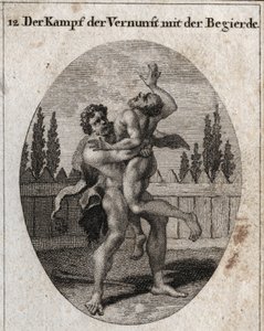 Alegoria da luta da razão e do apetite. O apetite terreno e carnal é representado por Ante e Hércules (Heracles) simboliza a razão, a força e a coragem que tira e abafa Ante. Gravação em "Iconologie oder Ideen aus dem Gebiete der Le de Austrian School
