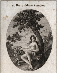 A alegoria da idade de ouro representa com um corno de abundância de frutos, sentado ao lado de uma oliveira símbolo de paz no meio da qual está um enxame de abelhas. Gravura em "Iconologie oder Ideen aus dem Gebiete der Leidenschaften und Allegorien bildi de Austrian School