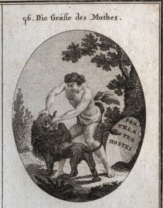 Alegoria da grandeza da coragem representada por um homem robusto que abre a boca de um leão para arrancar-lhe a língua. Seu atributo é um escudo no qual está inscrito "Por tela, por hospedeiro" (Por armas, através do inimigo). Gravação em "Iconologie oder de Austrian School