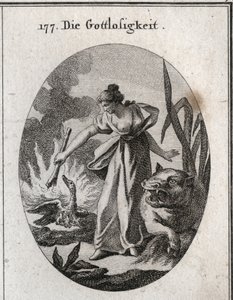 Alegoria do impieto segurando uma tocha da qual queima um pelicano em seu ninho com seus filhotes. O seu atributo é o hipopótamo. Gravura em "Iconologie oder Ideen aus dem Gebiete der Leidenschaften und Allegorien bildestellt dargestellt fur Zeichner, Mahl de Austrian School