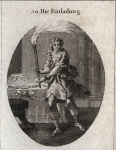 Alegoria do convite como um jovem com cara de riso a convidar para uma mesa coberta de pratos. A tocha que ele segura é o atributo de Comus, deus das festas e festas noturnas. Gravura em "Iconologie oder Ideen aus dem Gebiete der Leidenschaften". de Austrian School