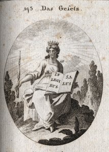 Alegoria da lei. O seu radiante diadema marca a sua origem divina. O cetro denota sua autoridade e o livro está aberto ou inscrito "In Legibus Salus" significa que promete uma recompensa para aqueles que o obedecem. Gravação em "Iconologie oder Ideen aus d de Austrian School