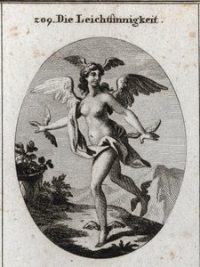 Alegoria da luz. Ela tem asas na cabeça, ombros, pés e mãos. Gravura em "Iconologie oder Ideen aus dem Gebiet der Leidenschaften und Allegorien bildestellt fur Zeichner, Mahler, Dichter, Gelehrte, Erzieher und freunde Hoherer G de Austrian School