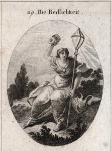 Alegoria do loyaut (ou sincero) lançando uma máscara que é o atributo do fingimento e da mentira. O seu emblema é uma lanterna de cristal símbolo do relâmpago. Um coração é desenhado em seu peito. Gravura em "Iconologie oder Ideen aus dem Gebiete der Leide de Austrian School