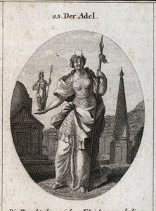 Alegoria da nobreza. A estrela significa a elevação dos sentimentos. A estátua de Minerva e a marca da lança que pode adquirir o mérito na ciência e nas armas. Gravura em "Iconologie oder Ideen aus dem Gebiete der Leidenschaften und Allegorien bild". de Austrian School