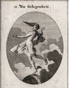Alegoria da ocasião. Com as asas nos pés e cabelo para a frente, descansa ligeiramente sobre uma roda. Gravura em "Iconologia ou Idéias do Campo das Paixões e Alegorias ilustradas para desenhistas, pintores, poetas, estudiosos, educadores, &". de Austrian School