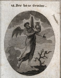 Alegoria do génio oposto representada por um génio mau com asas de morcego (morcego) e segurando uma coruja, ave de má prensagem. Gravura em "Iconologia ou Ideias do Campo das Paixões e Alegorias ilustradas para Desenhistas, Mahlers, Poetas de Austrian School