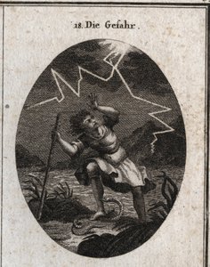 Alegoria do perigo representado por um jovem que escapa de um riacho rápido ao pôr os pés numa cobra que o pica e ao mesmo tempo um trovão o atinge atrás dele. Gravação em "Iconologie oder Ideen aus dem Gebiete der Leidenschaften und Allego de Austrian School