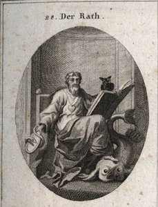 Alegoria do conselho representativo com uma corrente de ouro e um coração, emblema de sincero. O livro e a coruja simbolizam a penetração do conhecimento através do estudo. O espelho rodeado pela serpente é o símbolo da prudência. O golfinho que ele pára c de Austrian School